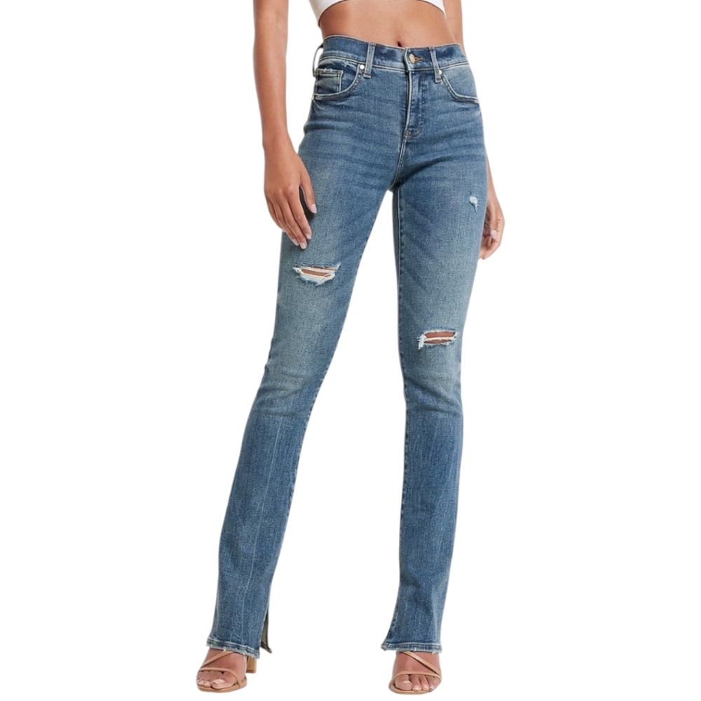 Express Skyscraper Mid Rise Womens Jeans 14s Medium Wash Ripped Denim